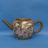 An antique Chinese famille rose Teapot, finely painted with panels depicting figures, lacks lid