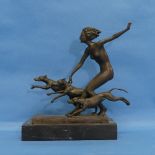 After Josef Lorenzl (Austrian, 1892-1950), Art Deco style bronze group of Diana with three hounds,