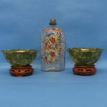 A pair of vintage spinach Jade Bowls, with corresponding stands, Diameter 12.5cm, together with an