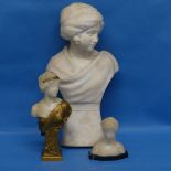 An early 20th century alabaster bust of a lady, 38cm high, together with two continental alabaster