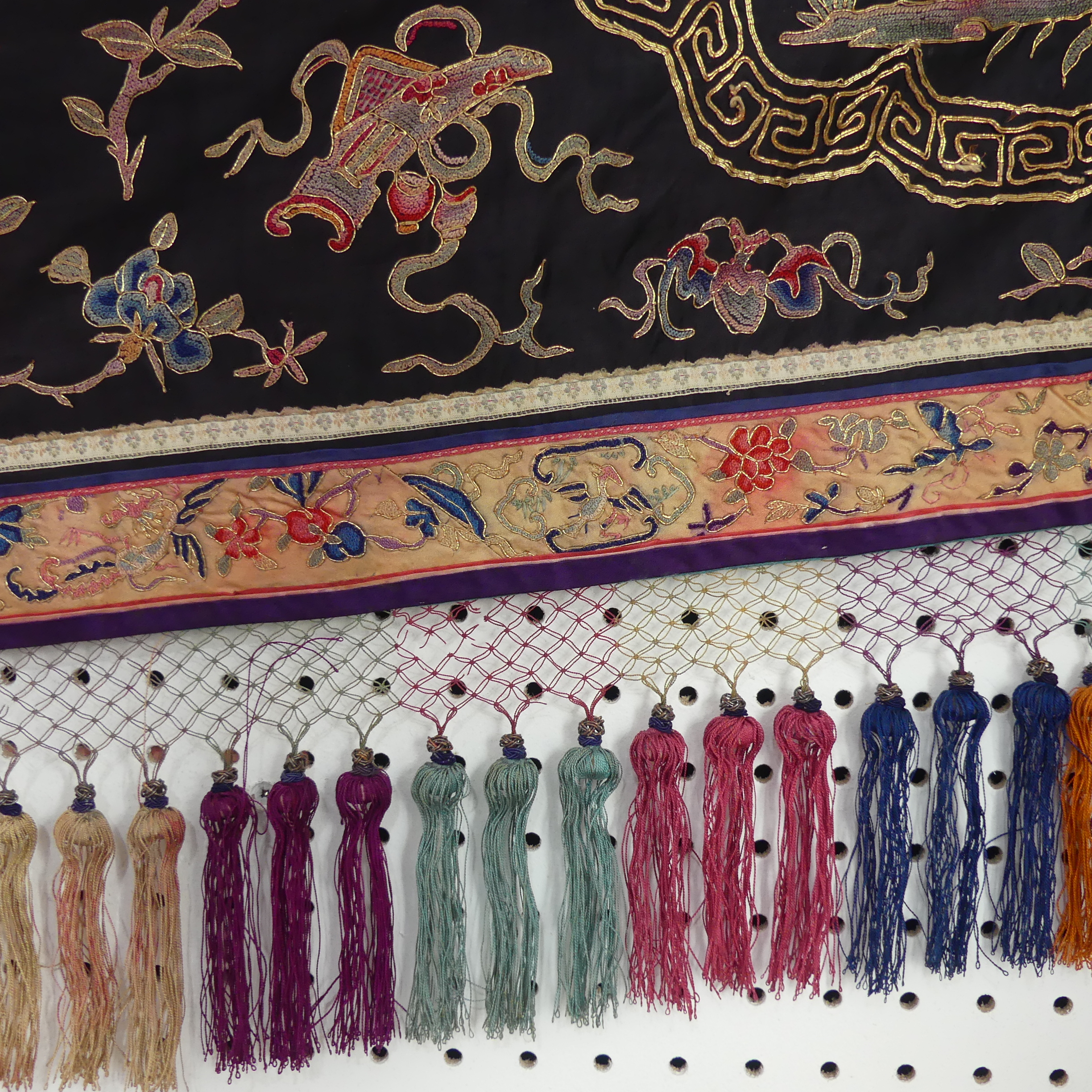 A 19thC Chinese embroidered silk Wedding Banner, the whole embroidered in coloured-silk and gold- - Image 7 of 11