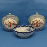 A pair of 20thC Chinese porcelain Ginger Jars, with Covers, decorated in flora and fauna with panels