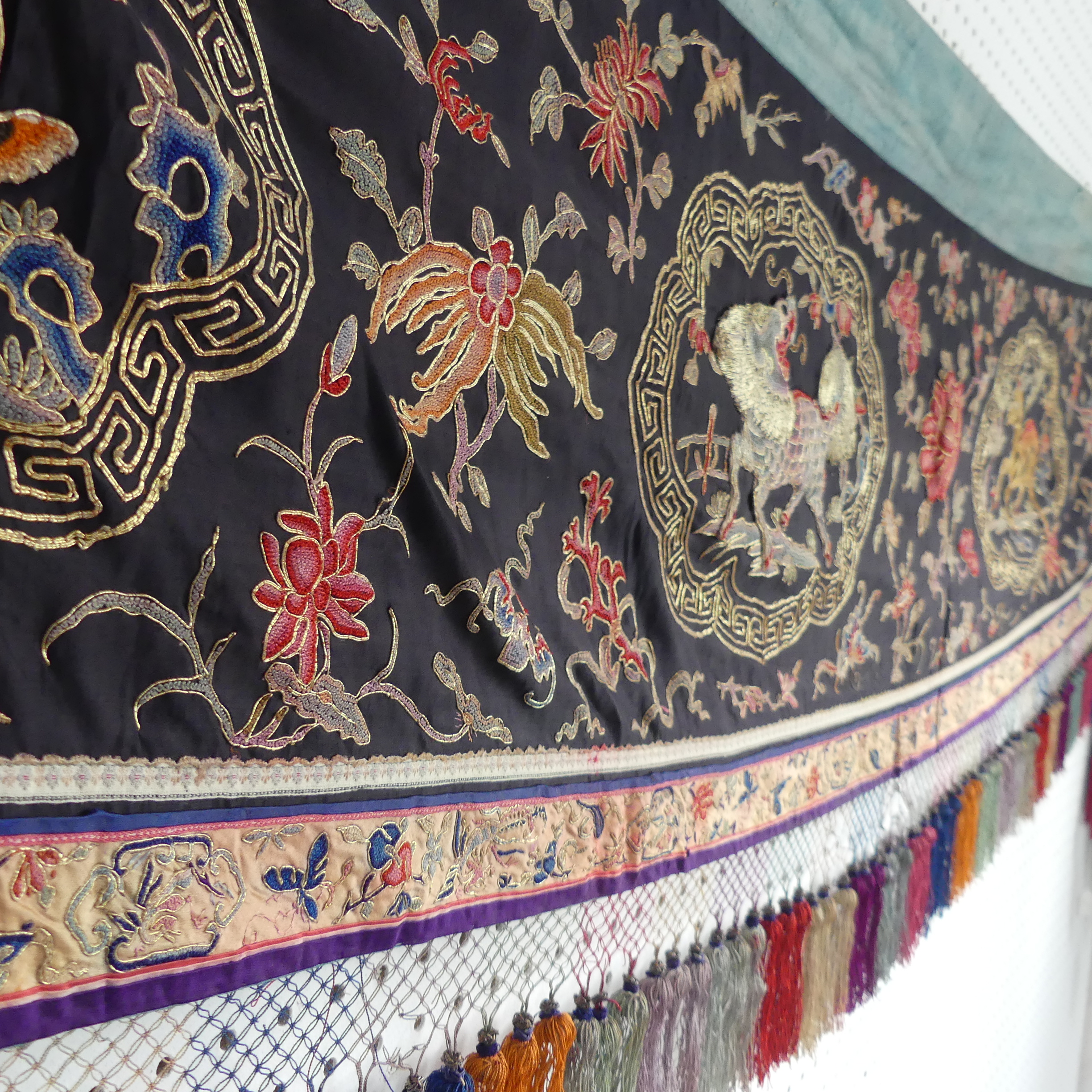 A 19thC Chinese embroidered silk Wedding Banner, the whole embroidered in coloured-silk and gold- - Image 2 of 11