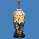 A Moorcroft 'Windrush Iris' pattern Table Lamp, with tube-lined decoration on fitted plinth, H 45cm,