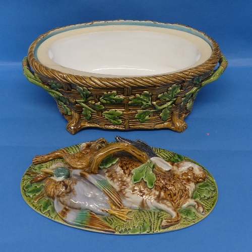 A Minton majolica Game Pie Dish and Cover, late 19thC, the lid modelled as game resting on ferns and - Image 3 of 8