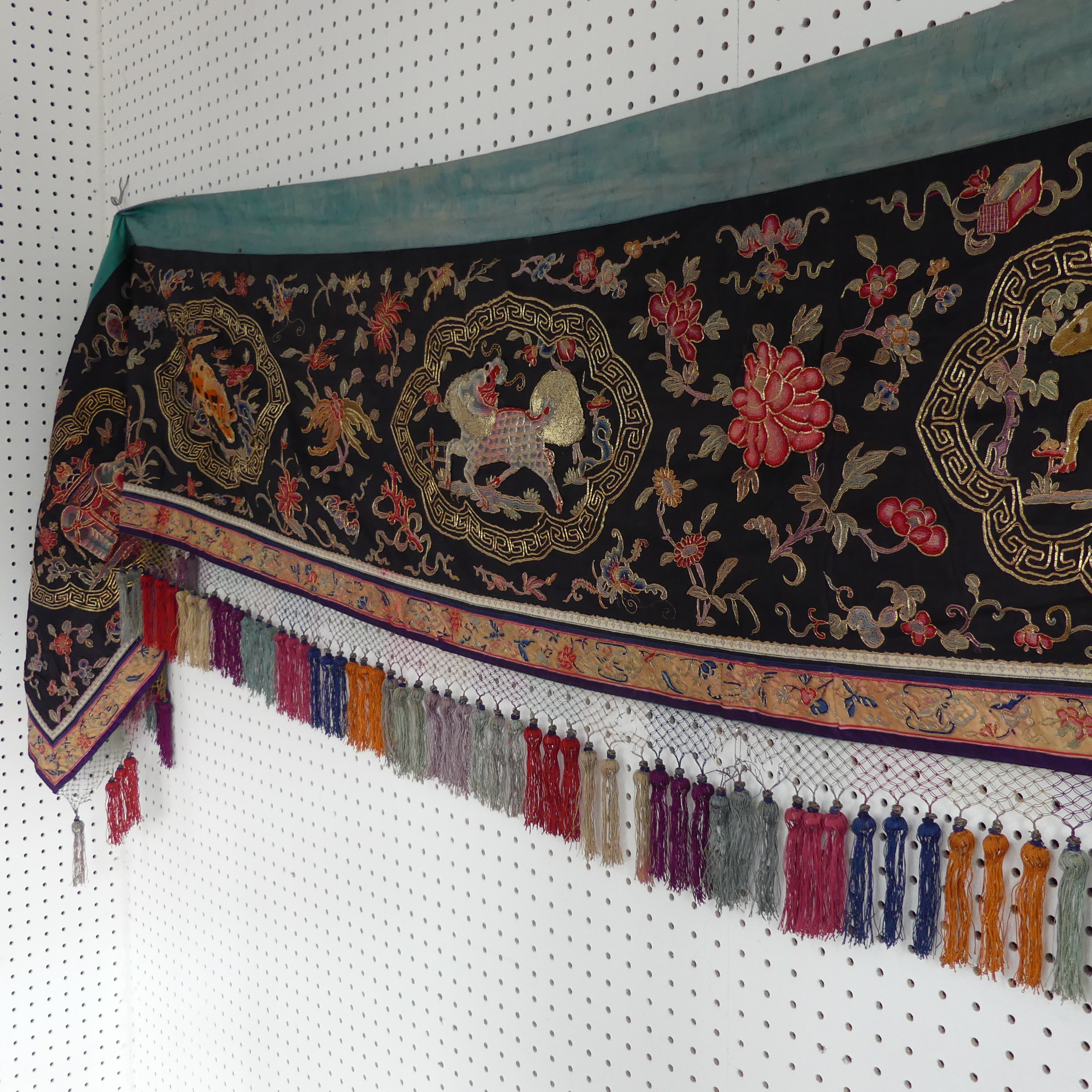 A 19thC Chinese embroidered silk Wedding Banner, the whole embroidered in coloured-silk and gold- - Image 3 of 11