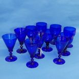 A set of six Bristol blue Wine Glasses, H 14cm, together with five blue conical Wine Glasses, H 15cm