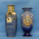 A Royal Doulton stoneware baluster Vase, by Maud Bowden, decorated in blue ground with tubelining,