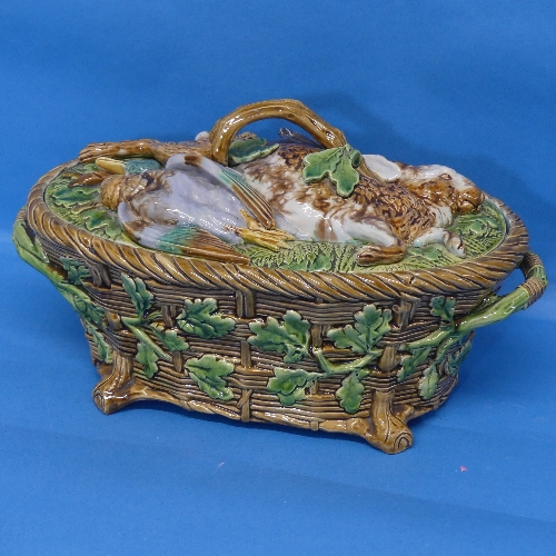A Minton majolica Game Pie Dish and Cover, late 19thC, the lid modelled as game resting on ferns and - Image 2 of 8