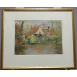 Reginald Jones (1857-1920), Punting by houses in a river landscape, watercolour, signed, 23cm x