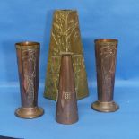 A French Art Nouveau brass Vase, of square tapering form, signed M Du J M 1911, together with a pair
