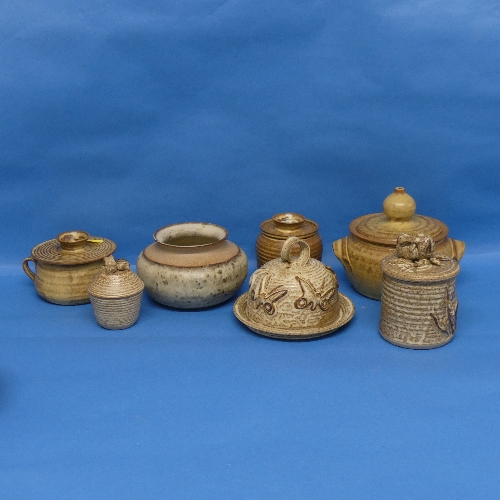 A quantity of Studio Pottery, to include two lidded Pots, depicting mice upon them, a Cheese dish,