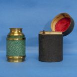 A George III brass and shagreen single draw Monocular, with green tooled leather internal draw, in
