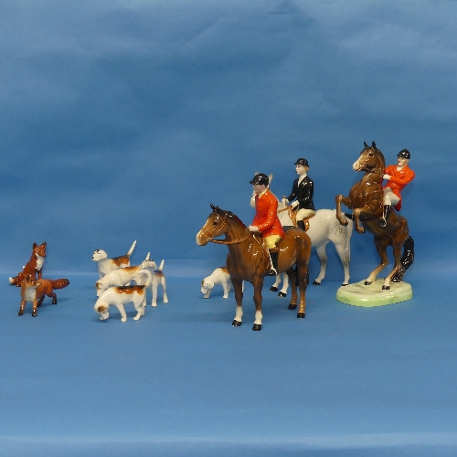 A Beswick pottery Hunting Group, two include three Riders, one on Rearing Horse, one with Red