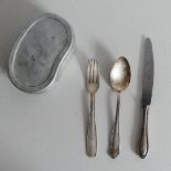 German WWII SS Cutlery, interesting grouping of silver plate cutlery, being fork, knife and spoon.