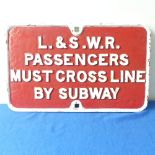 Railwayana; an original cast iron L. & SWR. Sign,  Rectangular sign with red background "L. & SWR"
