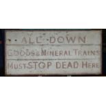 Railwayana; A large wooden GWR Pin Down Brakes  Railway Sign,  red and white sign "All down, Goods &