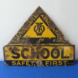 An AA Motoring School Enamel Safety First Road Sign, marked Franco signs in bottom corner, yellow