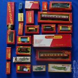A quantity of boxed Triang OO guage model railway rolling stock, including; coaches, goods van,