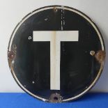 Railwayana; An Original Large round 'T' enamel sign, large black enamel circle with white "T" in