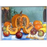 Arundel (20th/21st century), Still life of pumpkin and fruit, oil on board, signed "Arundel",