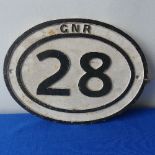 Railwayana: An original GNR Cast Iron Bridge Plate, Great Northern Railway Oval plate No.28 in black