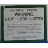 Railwayana; An original Southern Railway enamel Level Crossing Warning Sign; white enamel sign