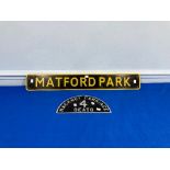 Two Vintage Aluminium Signs; 'Matford Park', black and yellow (Staines London) H12cm x W81cm and '