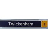 A large Metal Twickenham London Underground Sign, large dark blue with white "Twickenham"  and