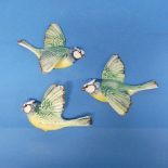 A set of three Beswick Blue Tits, for wall hanging, with factory marks verso, largest 12.5cm (3)