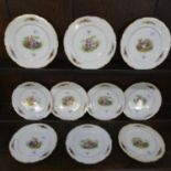 Ten Continental porcelain dessert plates, with gilt scalloped edge, decorated to centre with figures