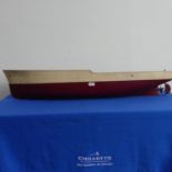 A large wooden model Ships Hull, with propeller, named Pandora in red and white, L 118cm