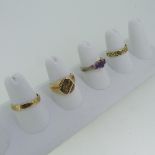 Three 9ct gold Rings; one a textured band, Size O½, one set amethysts, Size O, one with knot