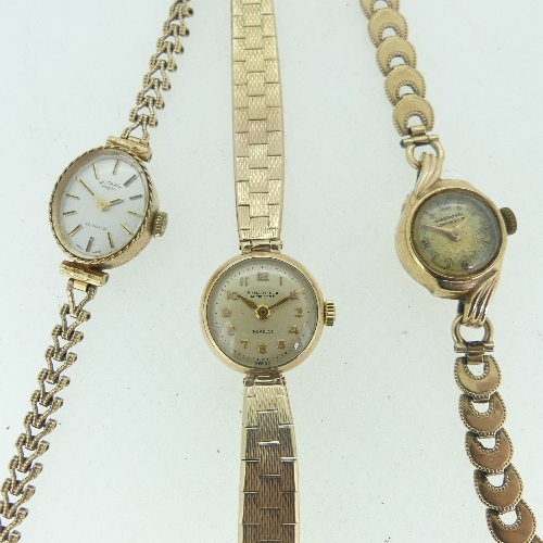 Three 9ct gold lady's Wristwatches; one by Rotary, with narrow open link bracelet strap, total