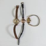 A small Bulova 14k rose gold lady's Wristwatch, on leather cord strap, together with two small 9ct