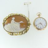 A pretty 14k fob Watch, with worn enamelled reverse, white enamel dial with Arabic Numerals, gilt
