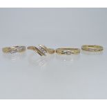 A 9ct yellow gold Ring, the split front set with three small diamonds, Size N, together with two