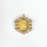 An Austrian 1 Ducat gold Coin, dated 1915, in elaborate 14ct gold pendant / brooch mount with six