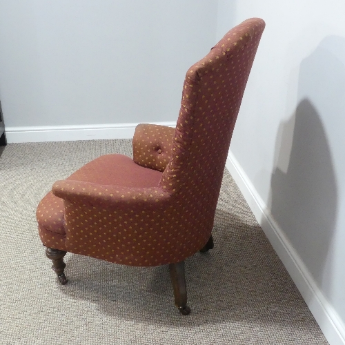 A Victorian upholstered button-back Armchair, raised on turned legs and casters, some woodworm, W - Image 3 of 5