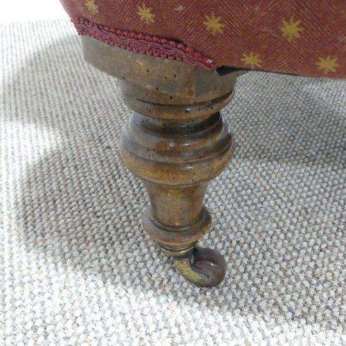 A Victorian upholstered button-back Armchair, raised on turned legs and casters, some woodworm, W - Image 5 of 5