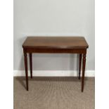 A Card Table, of rectangular form with curved corners and fold-over top with swivel action, the