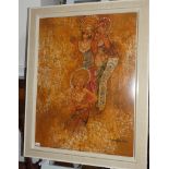 Seah Kim Joo (B. Singapore 1939); framed batik, 'Three Balinese Dancers', framed and glazed, 99cm