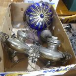 A quantity of vintage ceiling lights, to include a blue glass Bohemian style pendant shade with gilt