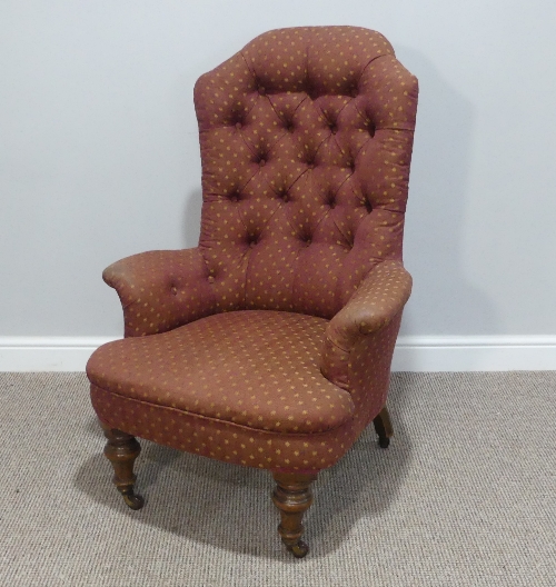 A Victorian upholstered button-back Armchair, raised on turned legs and casters, some woodworm, W - Image 2 of 5