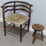 An Arts and Crafts oak framed rush-seated Corner Chair, W 63cm x D 58cm x H 69cm, together with a