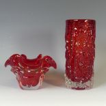 A Geoffrey Baxter for Whitefriars bark Vase, ruby red ground, H 19cm, together with a Whitefriars