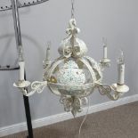 A pair of painted wrought iron ceiling  Chandeliers, of globe form decorated with flowers, each with