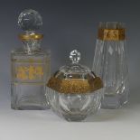 A Moser cut glass faceted lidded Box, etched and gilded decoration of warriors, etched Moser to