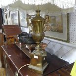 A vintage brass Grecian urn shaped Lamp Base, on stepped plinth base, H 64cm, together with a cast