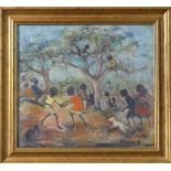 Australian School (20th century). Aborigine children dancing, acrylic on board, signed "Meier", 28cm